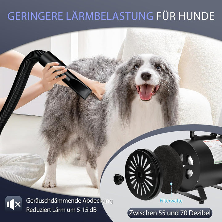 Hundefön 4,3PS/3200W mit 3 Temperaturstufen, stufenlos regelbarem Luftstrom und 5 Aufsätzen – Profes
