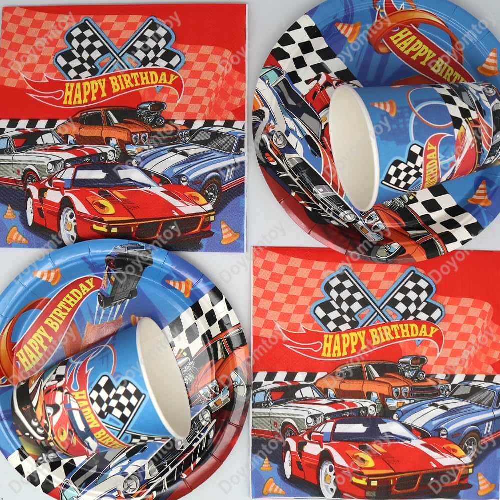 Rennwagen Geburtstag Deko,Doyomtoy 61 Stück Partygeschirr Rennauto Geburtstag Party Set Geburtstagst