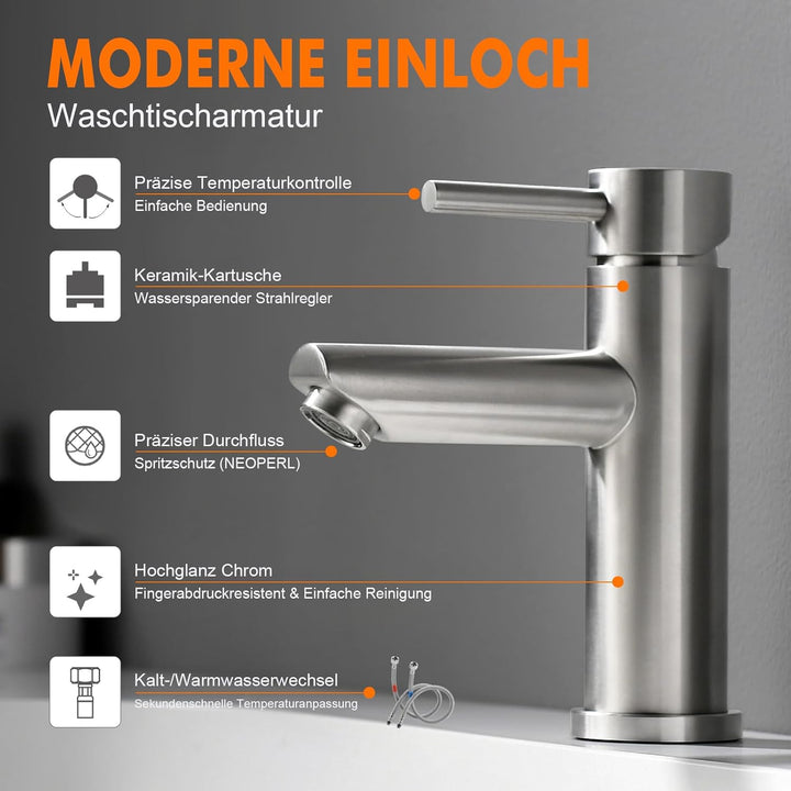 Ibergrif M11103, Wasserhahn Bad Edelstahl- Mischbatterie, Waschtischarmatur Infache Montage, Armatur