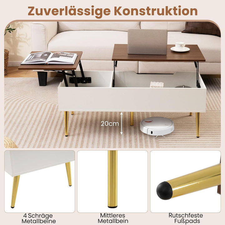 COSTWAY Couchtisch höhenverstellbar, Wohnzimmertisch mit anhebbarer Tischplatte & 2 versteckten Abla