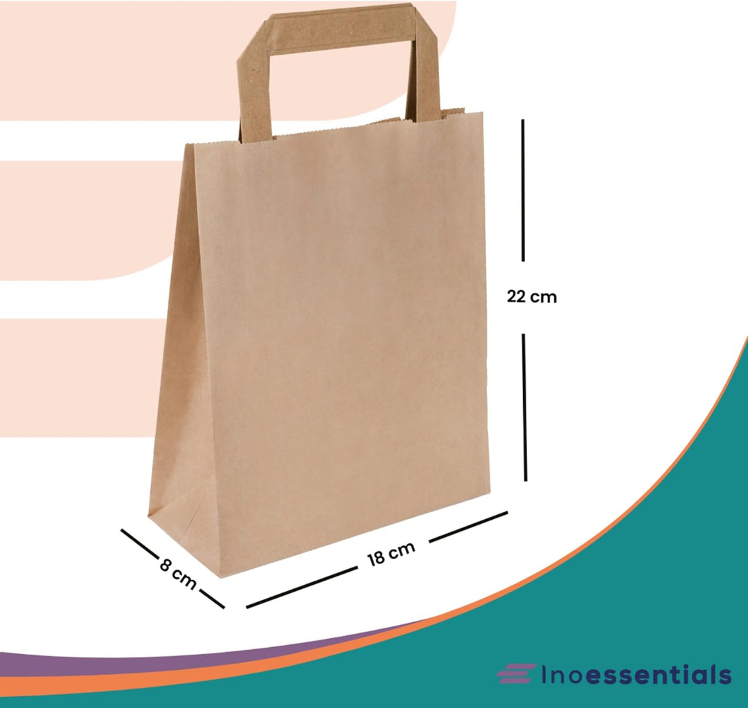 Inoverse 250 Stück Papiertragetaschen, Geschenktüten, 18+08x22 cm Papiertüten mit Henkel, Braun Kraf