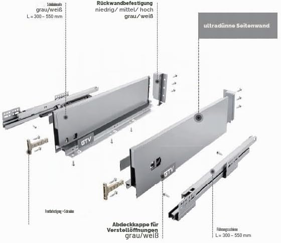 GTV Schubladensystem AXIS PRO I Schubkastengarnitur mit Vollauszug und integriete Dämpfung I Anthraz
