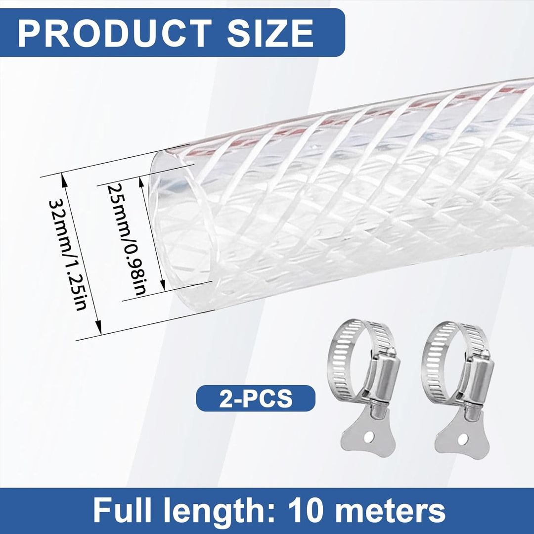 Geflochtener PVC Gewebeschlauch 25x32mm 10 Meter, Transparent Verstärkter Hochdruck Schlauch, Flexib