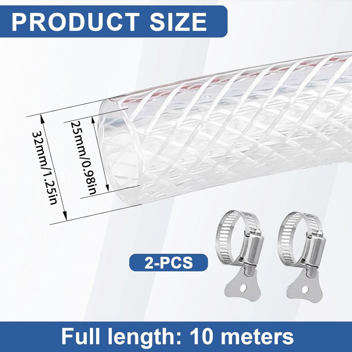 Geflochtener PVC Gewebeschlauch 25x32mm 10 Meter, Transparent Verstärkter Hochdruck Schlauch, Flexib