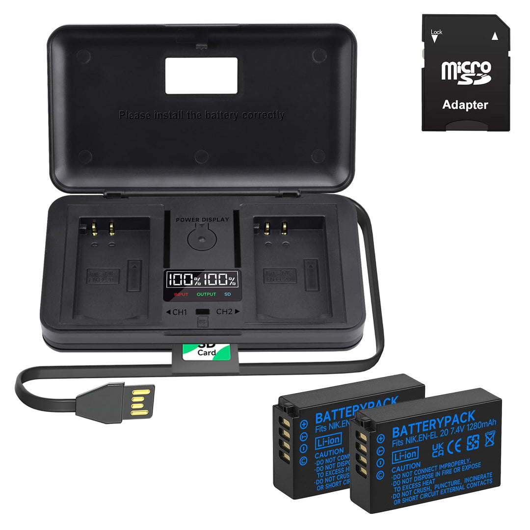 2 Stück EN-EL20 Akkus und Smart LCD Display Dual USB Ladegerät für Nikon Coolpix P1000, P950, P1100,