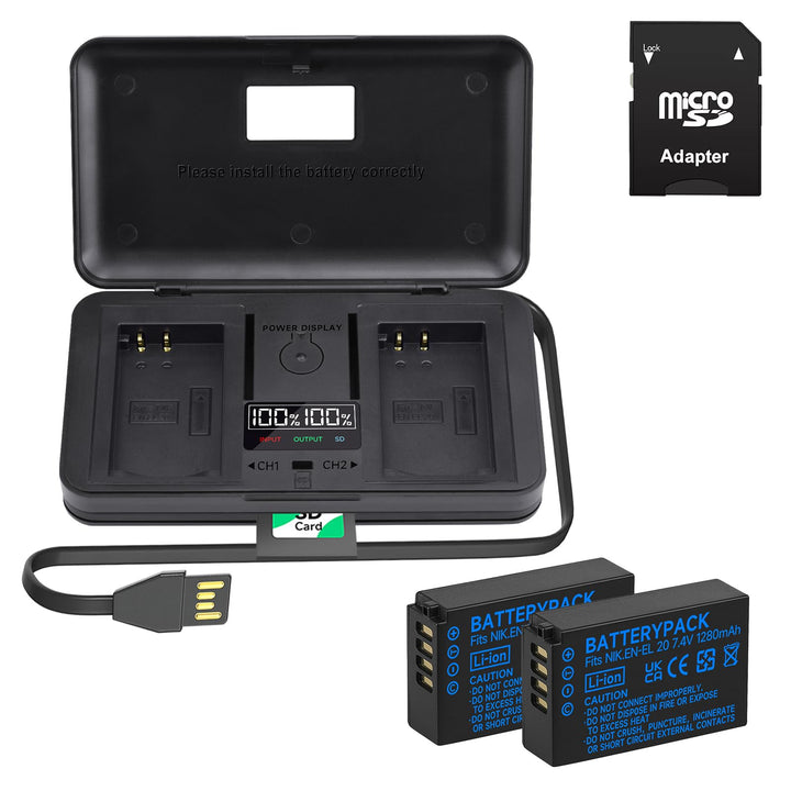 2 Stück EN-EL20 Akkus und Smart LCD Display Dual USB Ladegerät für Nikon Coolpix P1000, P950, P1100,