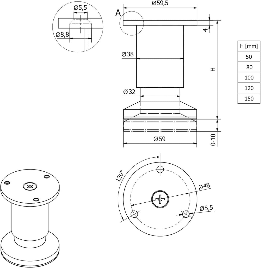 4er Set Möbelfüsse Alpha verstellbar Bettfüsse Alu gebürstet, belastbar bis 250 Kg, Höhe: 150 mm von