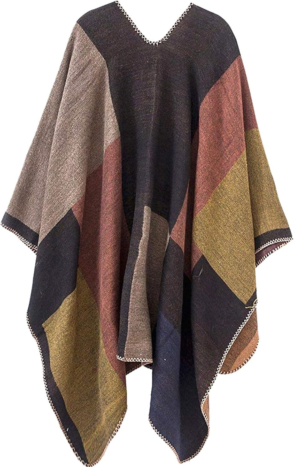 Shmily Girl - Damen Poncho Habe Gestrickt Überdimensionalen Decke Kap-Schal Plaid / Kakhi, Plaid / K