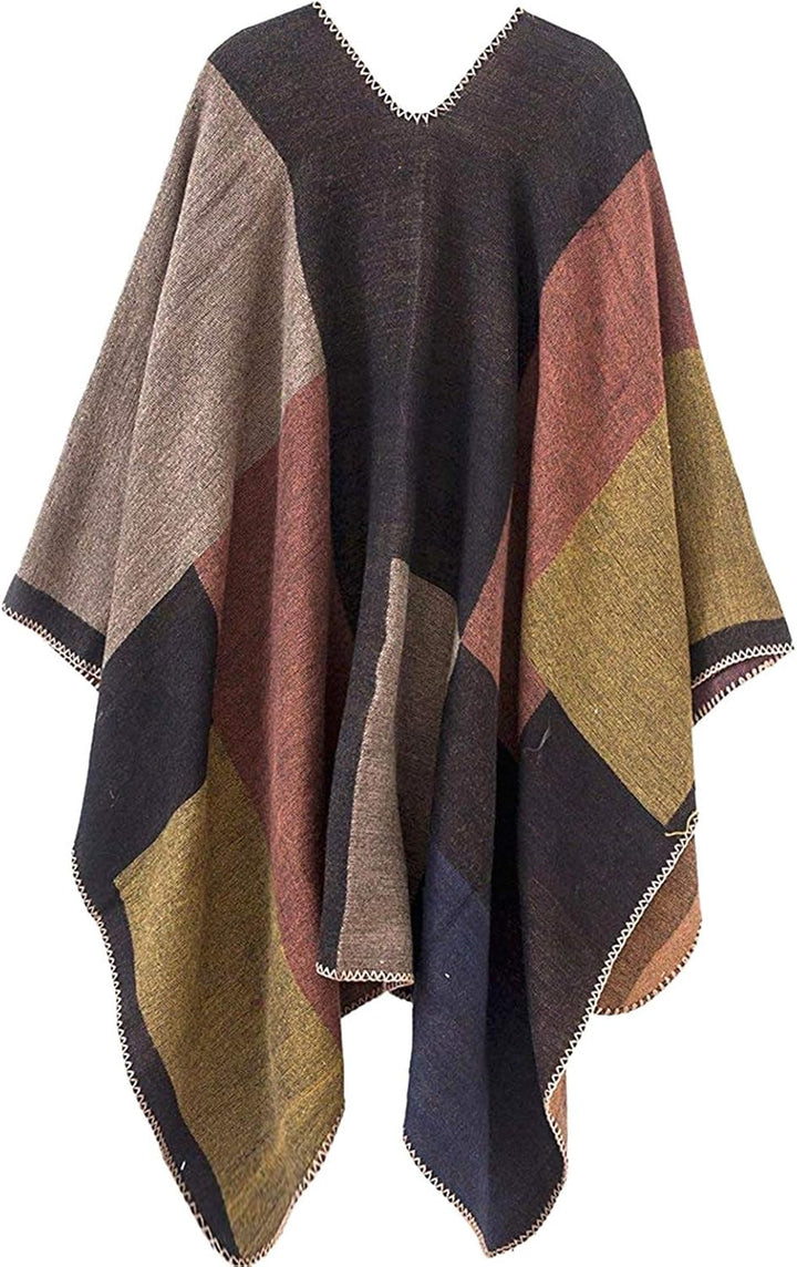 Shmily Girl - Damen Poncho Habe Gestrickt Überdimensionalen Decke Kap-Schal Plaid / Kakhi, Plaid / K
