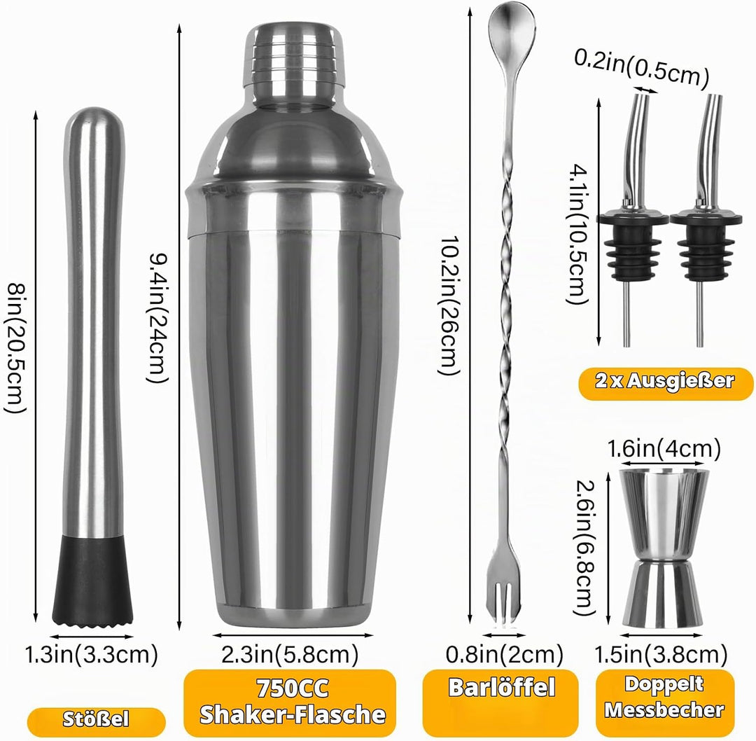 Cocktail Shaker Set,6 Stück Edelstahl Cocktails Mix Sets,750 ML cocktailshaker Glas,Gin coktailshake