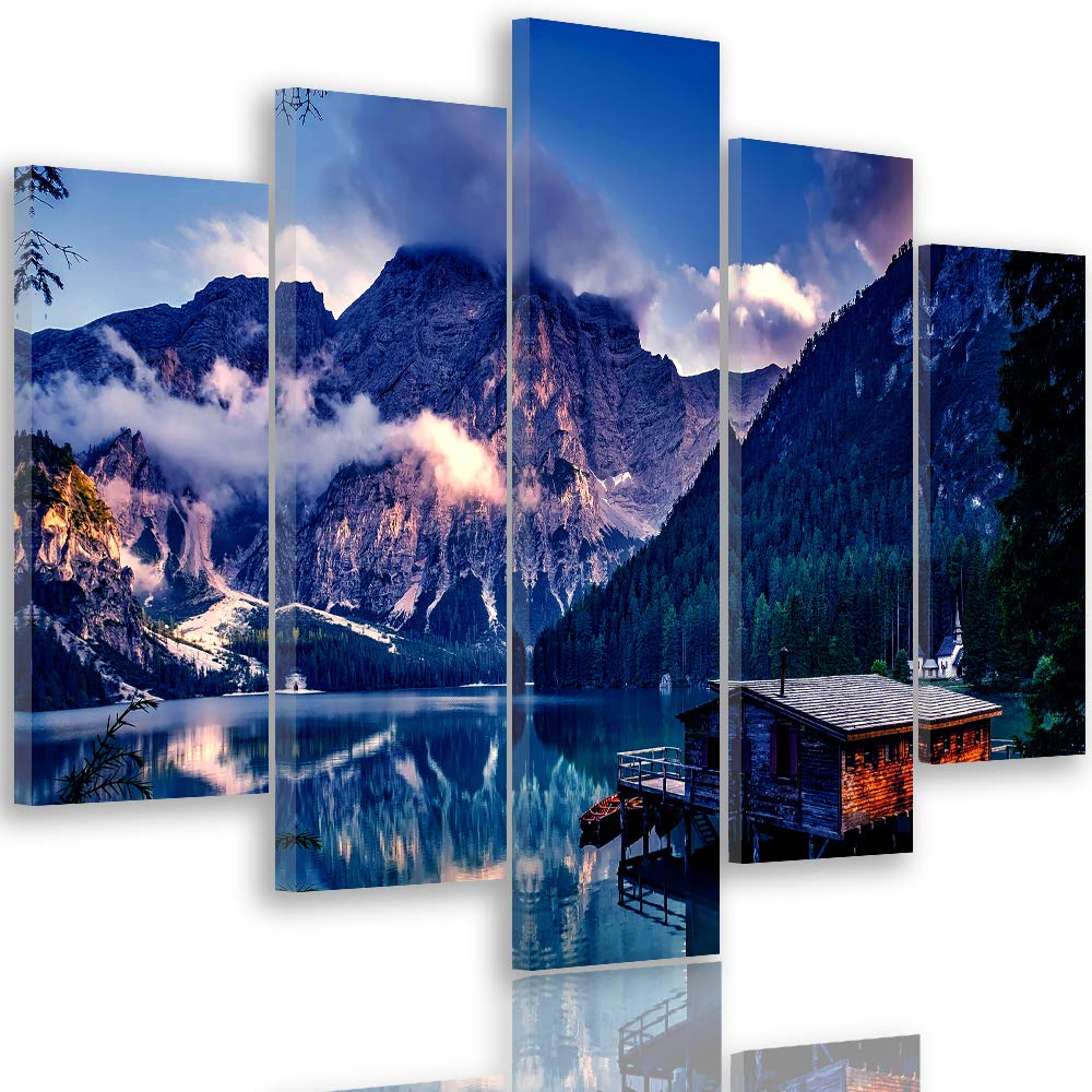 Bilder Berge 200x100 cm - Leinwandbild 5 Teilig XXL Kunstdruck Hütte See blau Leinwandbild XXL 200x1