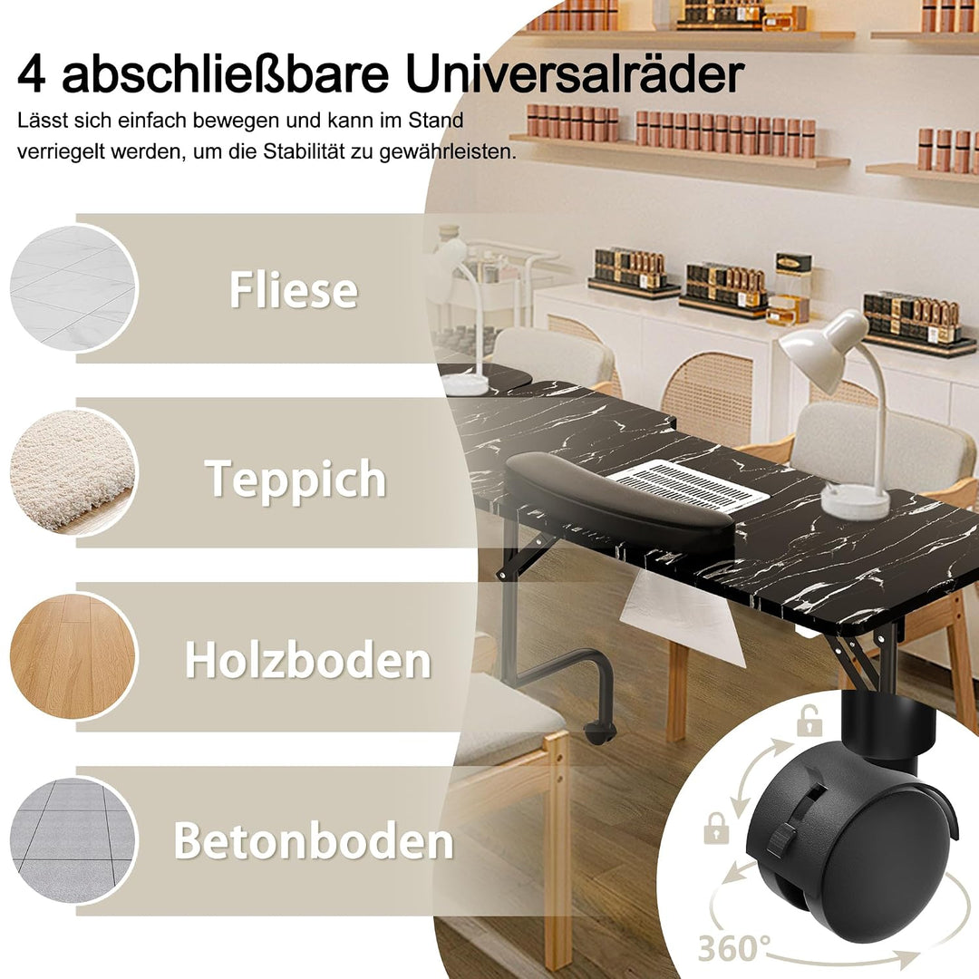 Faltbar Maniküre Tisch mit Absaugung Tragbarer Nageltisch mit Rollen & Tragetasche & Handgelenkaufla