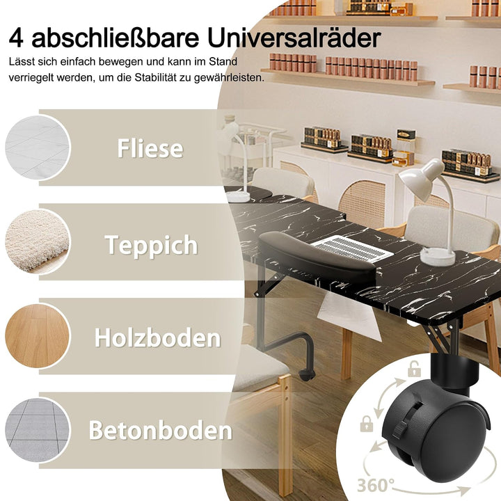 Faltbar Maniküre Tisch mit Absaugung Tragbarer Nageltisch mit Rollen & Tragetasche & Handgelenkaufla