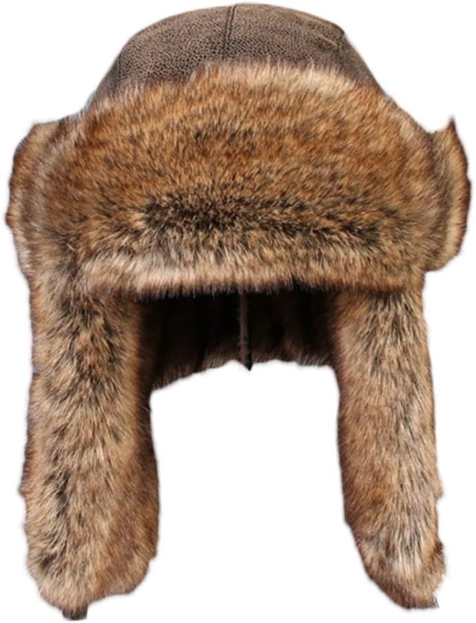 Unisex Wintermütze Fliegermütze Trappermütze mit Kunstleder Fellmütze Herren Russenmütze, Braun