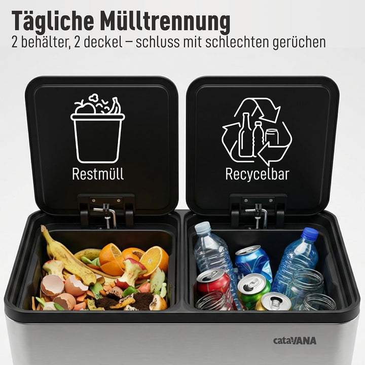 CATAVANA Mülleimer Küche Mülltrennung 2 x 30 Liter - Doppelfach 60 Liter - Moderner Recycling-Müllei