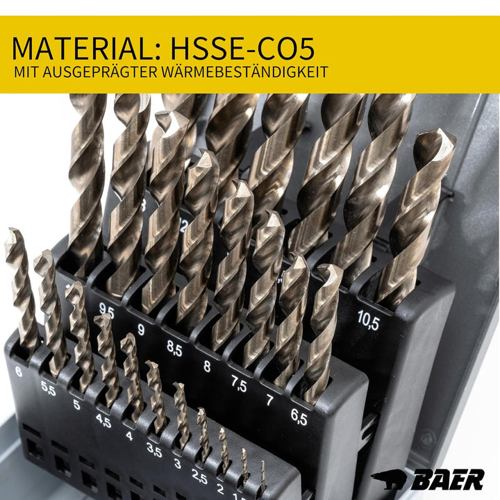 BaerCoil BAER Bohrer Set 25 tlg. - 1–13 mm HSSE in 0,5 mm Schritten - Edelstahlbohrer - 5% Cobalt Sc