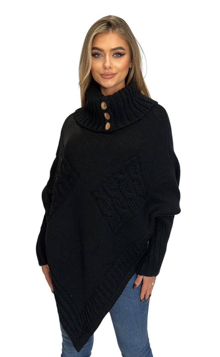 Mississhop Poncho Strick Sweatshirt Pullover Umhang Überwurf Einheitsgrösse Schwarz, Einheitsgrösse