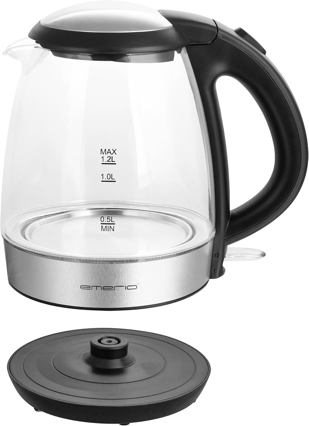 Emerio Glas Wasserkocher, 1.2 Liter, 2200 Watt, LED Innenbeleuchtung, 360° Basis, Borosilikatglas, B