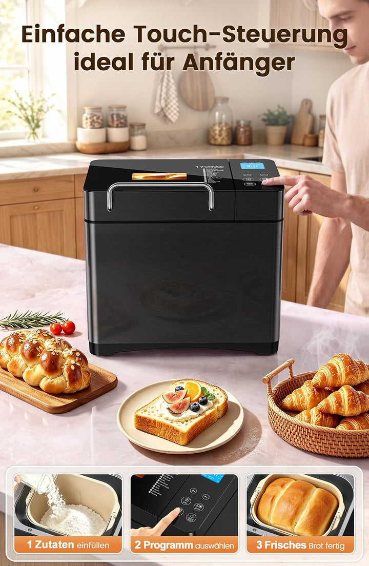 710W 1KG Konvektions Brotbackautomat mit Doppelten Heizrohren, 17 in 1 Edelstahl Brotbackmaschine, K