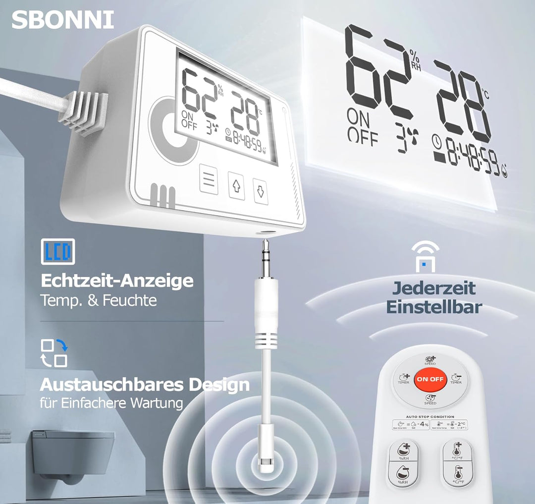 3 Stufen Bad Lüfter mit Feuchtigkeitssensor Temperatursensor Timer, Badlüfter 100mm mit Fernbedienun