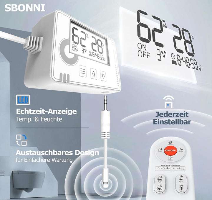 3 Stufen Bad Lüfter mit Feuchtigkeitssensor Temperatursensor Timer, Badlüfter 100mm mit Fernbedienun
