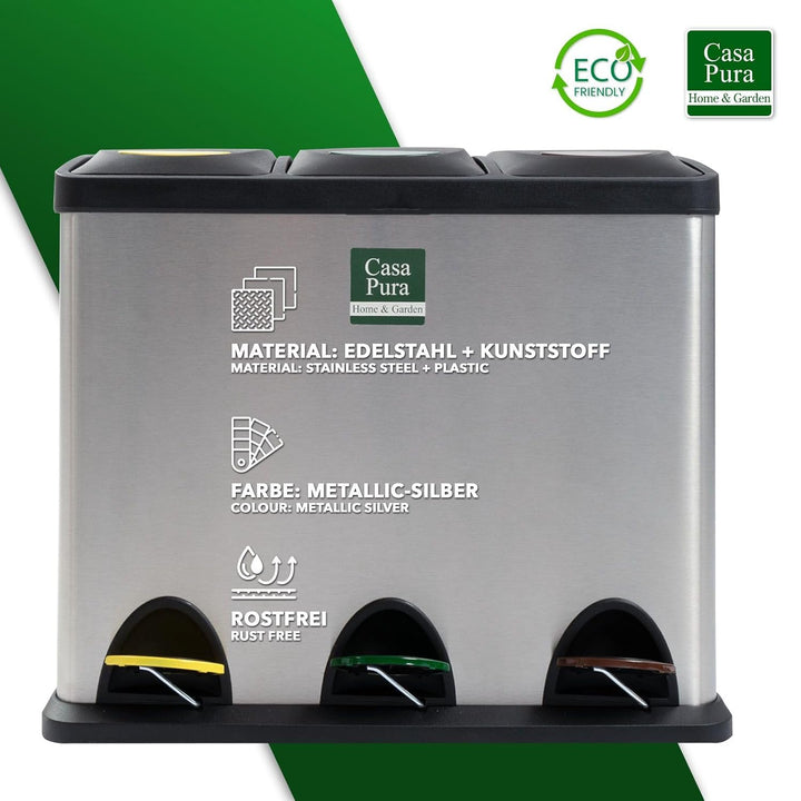 Floordirekt Mülleimer 2 oder 3 Fächer 24 L aus Edelstahl für Haushalt inkl. 15 Müllbeutel | Abfallei