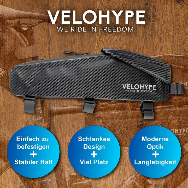 Velohype® XL-Bikepacking Oberrohrtasche | 2,5 Liter | 100% Wasserdicht | reissfestes Carbon-Hydrogua