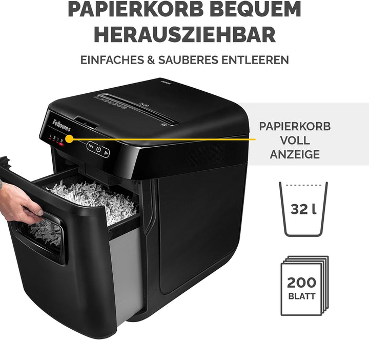 Fellowes Autofeed Aktenvernichter Automax™ 200C, 4 x 38 mm Partikelschnitt (P-4), 200 Blatt, für 1-3