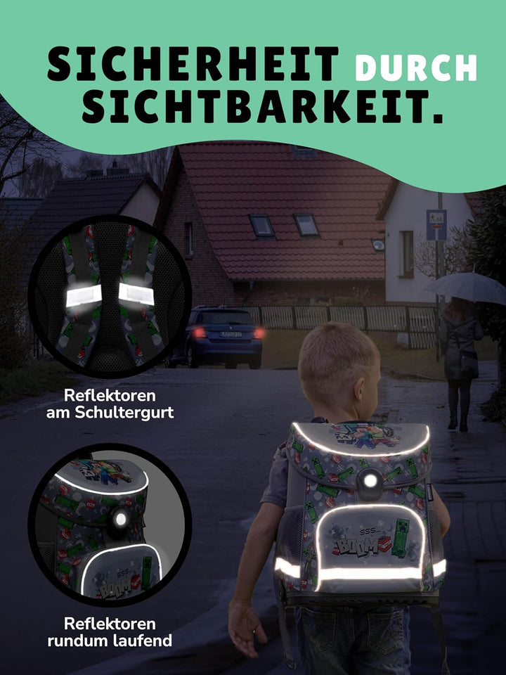 Familando - Schulranzen Set 6-teilig mit Federmappe - Minecraft - Ergonomisch, stabil & mit gepolste