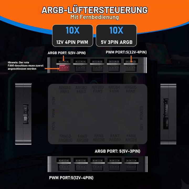 2-in-1 ARGB PWM Lüfter-Hub mit Controller, 10 x 4-Pin PWM Lüfter-Anschlüsse, 10 x 5V 3-Pin ARGB Port