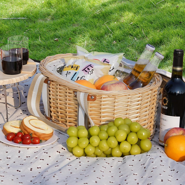 Picknickkorb-Set für 4 Personen – Isolierter Weidenkorb mit klappbarem Weintisch, Picknickset mit In