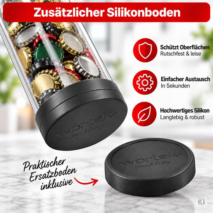 wortek Flaschenöffner mit Auffangbehälter - Getränkeöffner Bieröffner Bierflaschenöffner Kronkorken