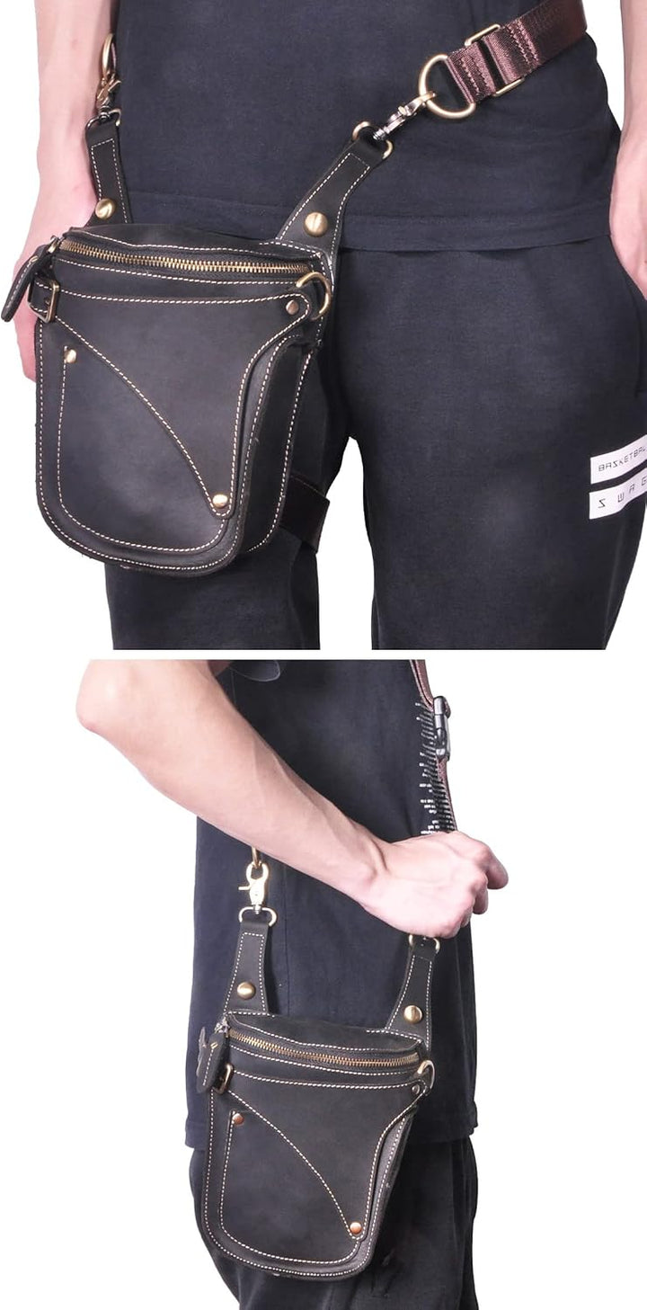 Le'aokuu Herren Leder Motorrad Hüfttasche Messenger Schulter Drop Leg Bag 9326 Dunkelschwarz, 9326 D