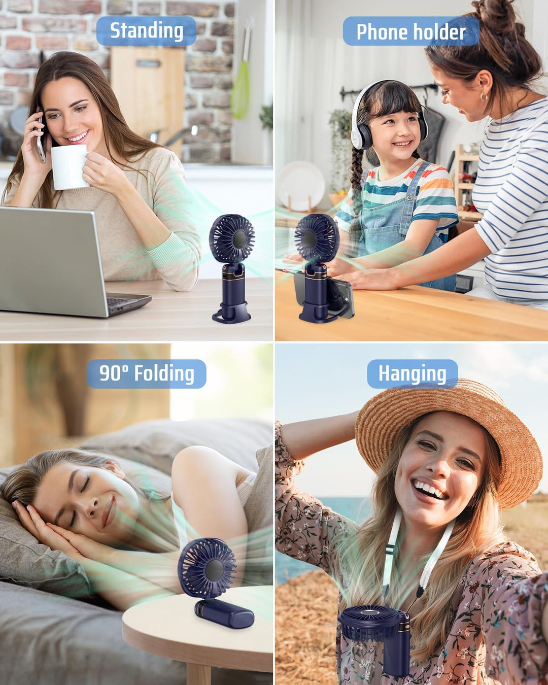 FAPPEN Handventilator, Tragbarer USB-Handventilator, Faltbarer Mini Ventilator mit Sockel und Umhäng