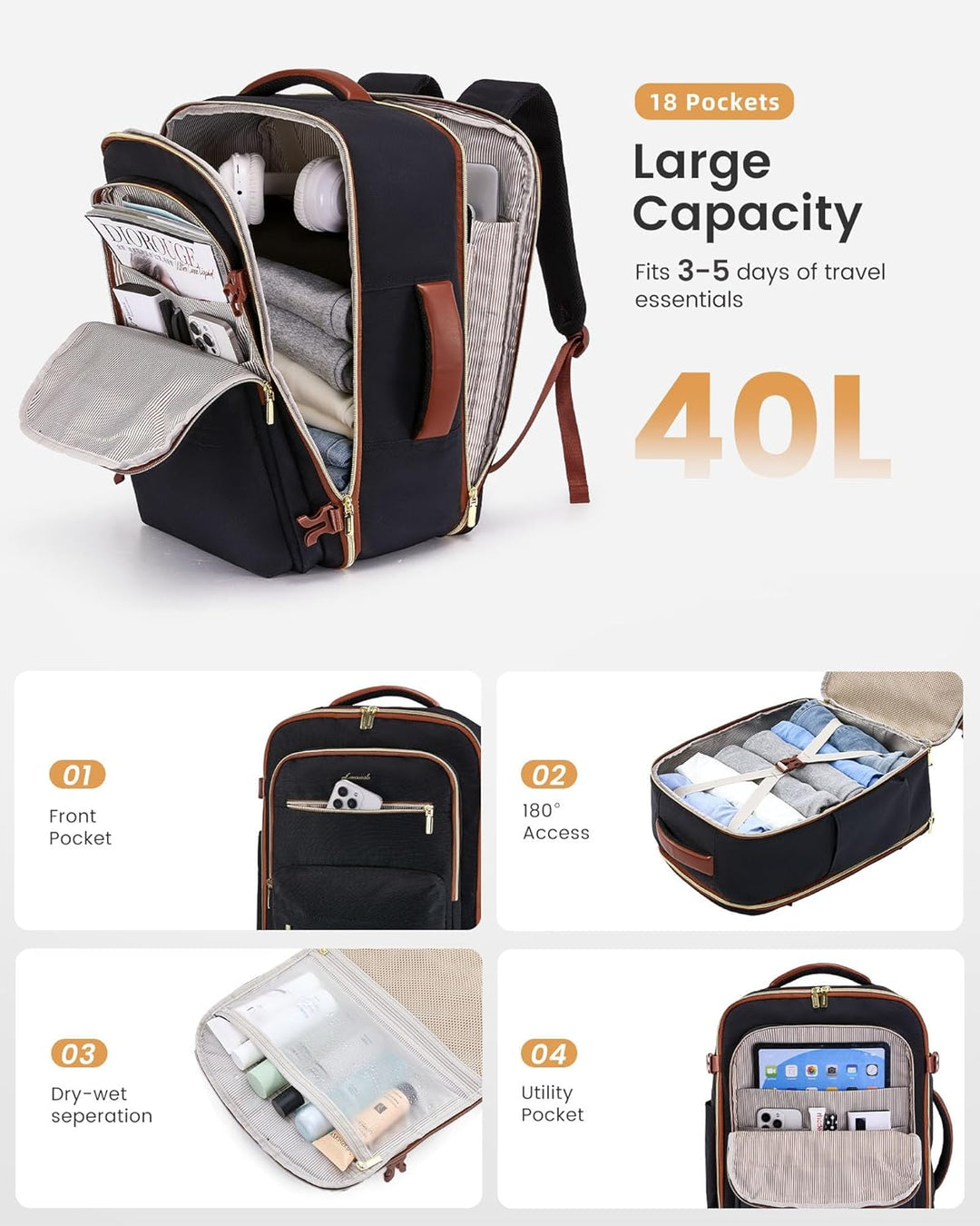 LOVEVOOK Handgepäck Rucksack Flugzeug, 40L Gross Reiserucksack Damen Herren Travel Backpack für 17,3