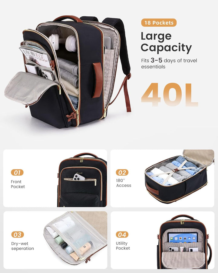 LOVEVOOK Handgepäck Rucksack Flugzeug, 40L Gross Reiserucksack Damen Herren Travel Backpack für 17,3