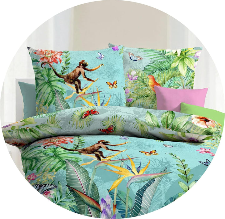 Kaeppel Mako Satin Digitaldruck Bettwäsche 2 TLG. Äffchen Dschungel Kakadu Schmetterling Bunt Urwald