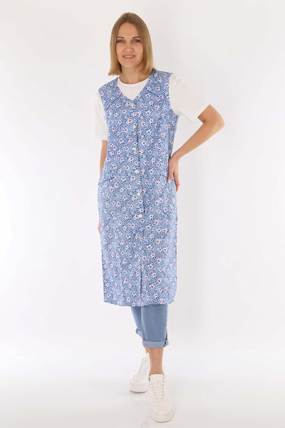 Knopfkittel Baumwolle bunt Kochschürze Hauskleid Kittel Schürze ohne Arm 40 Blau, 40 Blau