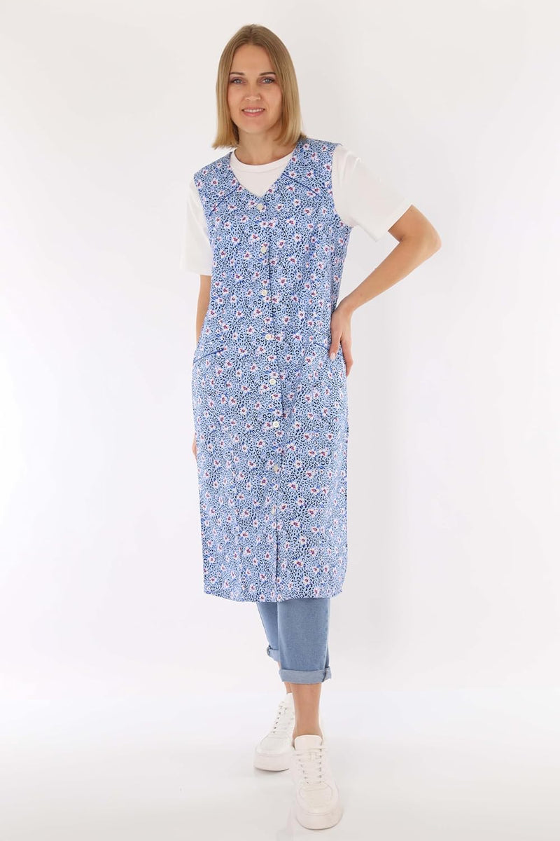 Knopfkittel Baumwolle bunt Kochschürze Hauskleid Kittel Schürze ohne Arm 40 Blau, 40 Blau