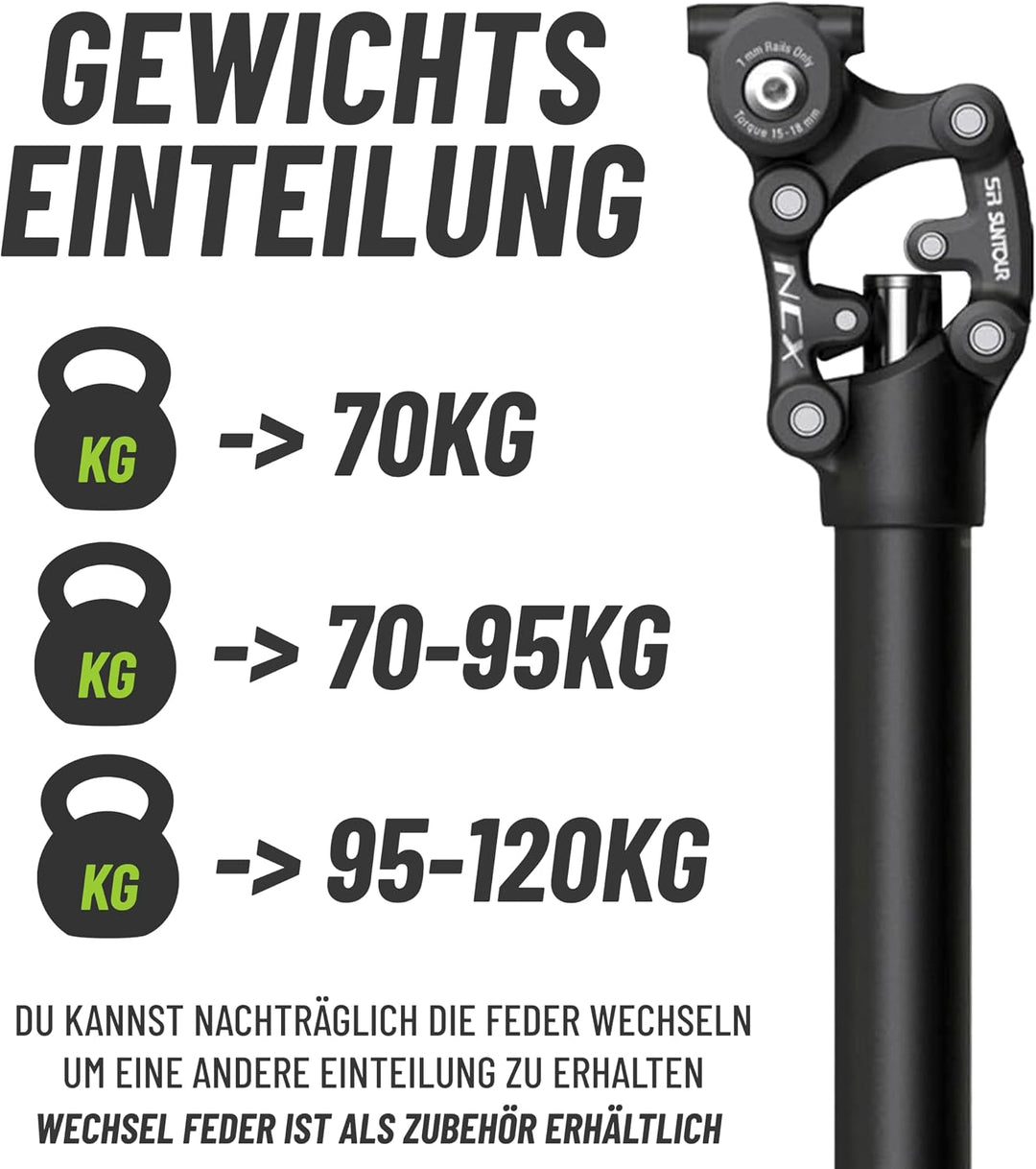 Suntour Federsattelstütze SP25-NCX Durchmesser 30,9mm/31,6mm, Länge 350mm,Gewicht bis 70kg, 70-95kg