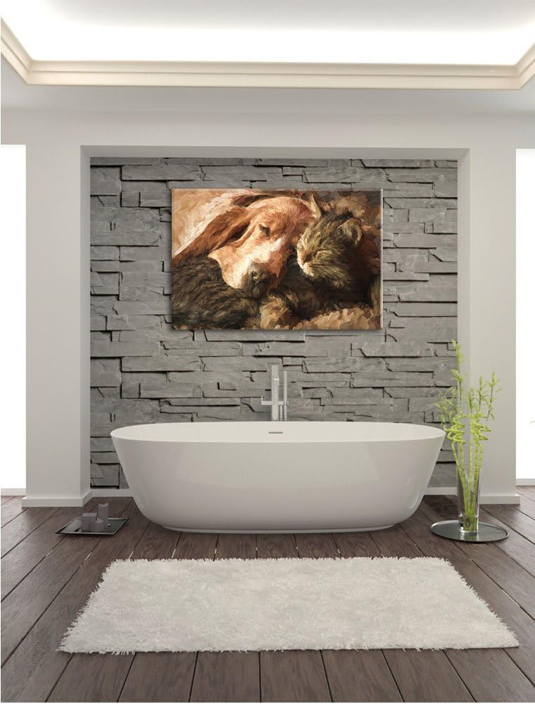 Pixxprint Katze und Hund kuschelnd Kunst als Leinwandbild | Grösse: 100x70 cm | Wandbild | Kunstdruc