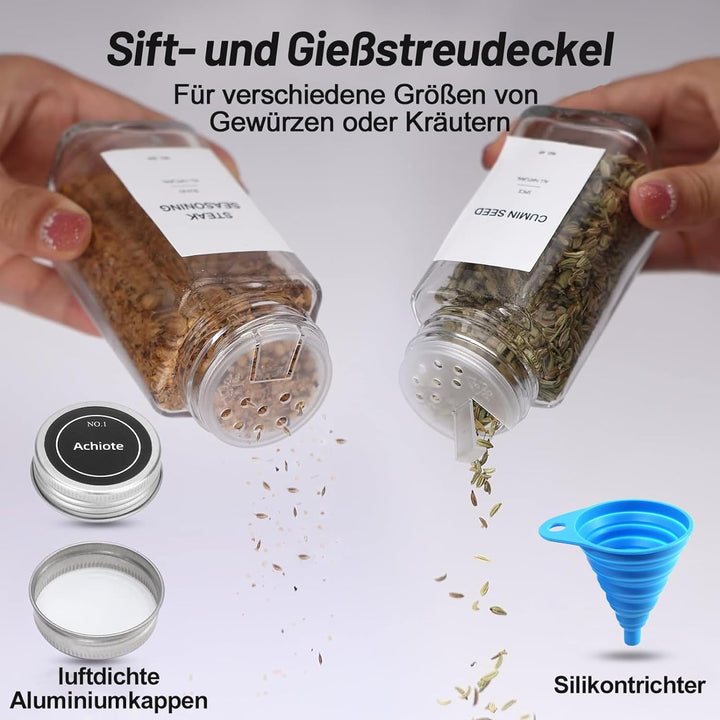 Schwarz Gewürzschubladen-Organizer mit 28 Gewürzgläsern, 348 Etiketten, Sieb- und Giessdeckeln mit l