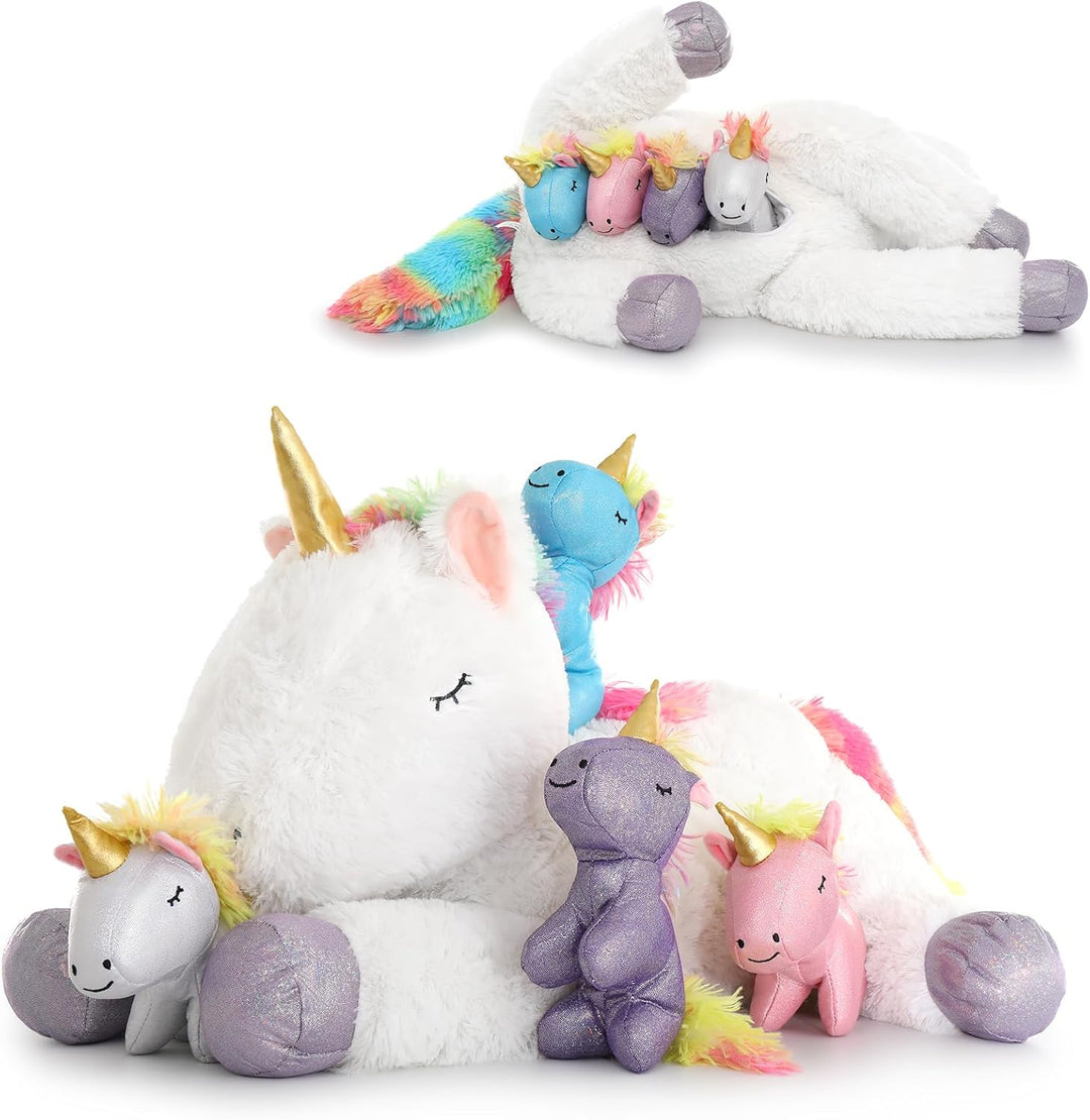 MorisMos Einhorn Kuscheltier XXL mit 4 Babys im Bauch, gross Einhorn Plüschtier Stofftier, riesen gr