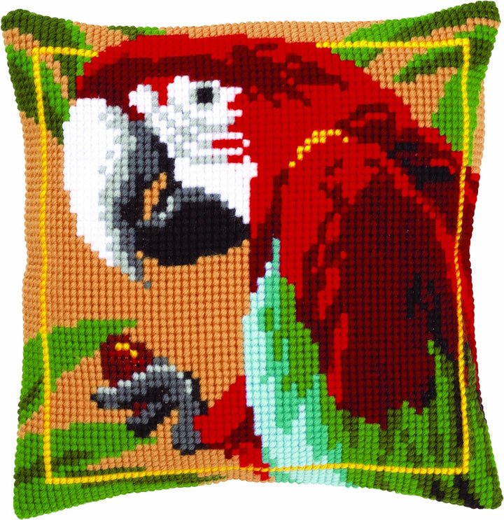 Vervaco Kreuzstichkissen/Stickkissen vorgedruckt, Leinen, Red Macaw, 40 x 40cm
