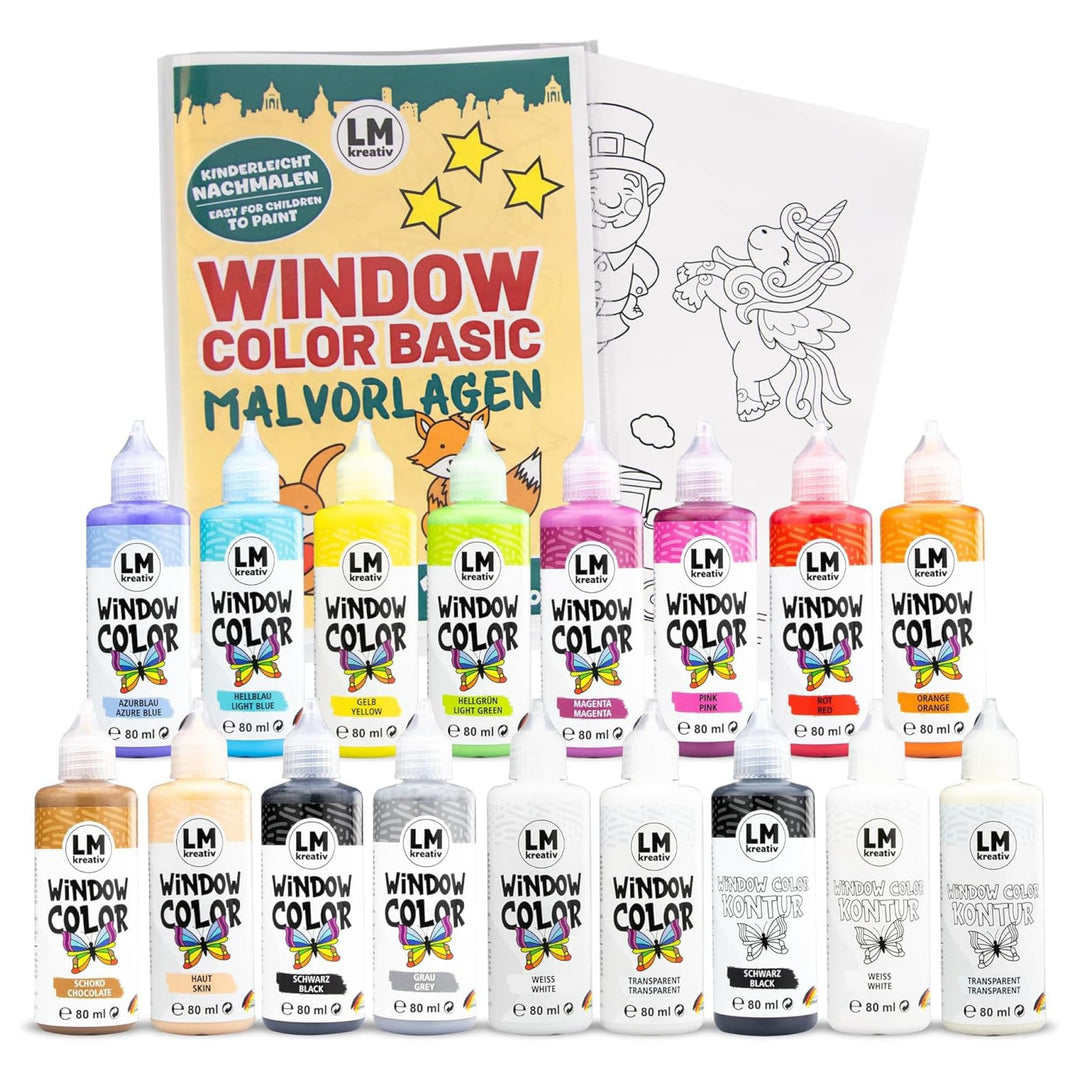 LM Window Color Set (17 x 80 ml Basic inkl. Konturfarbe & Malvorlagen) - Abziehbare Fenstermalfarbe/