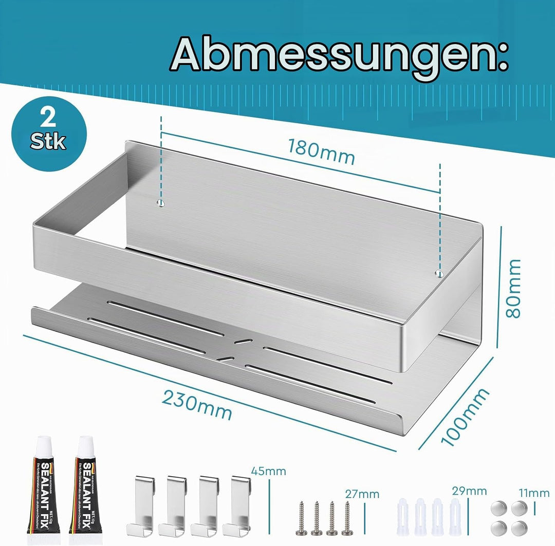 EXLECO 2x23CM Duschablage Ohne Bohren Duschregal Wand Edelstahl Badregal mit 8 Haken Duschkorb zum B