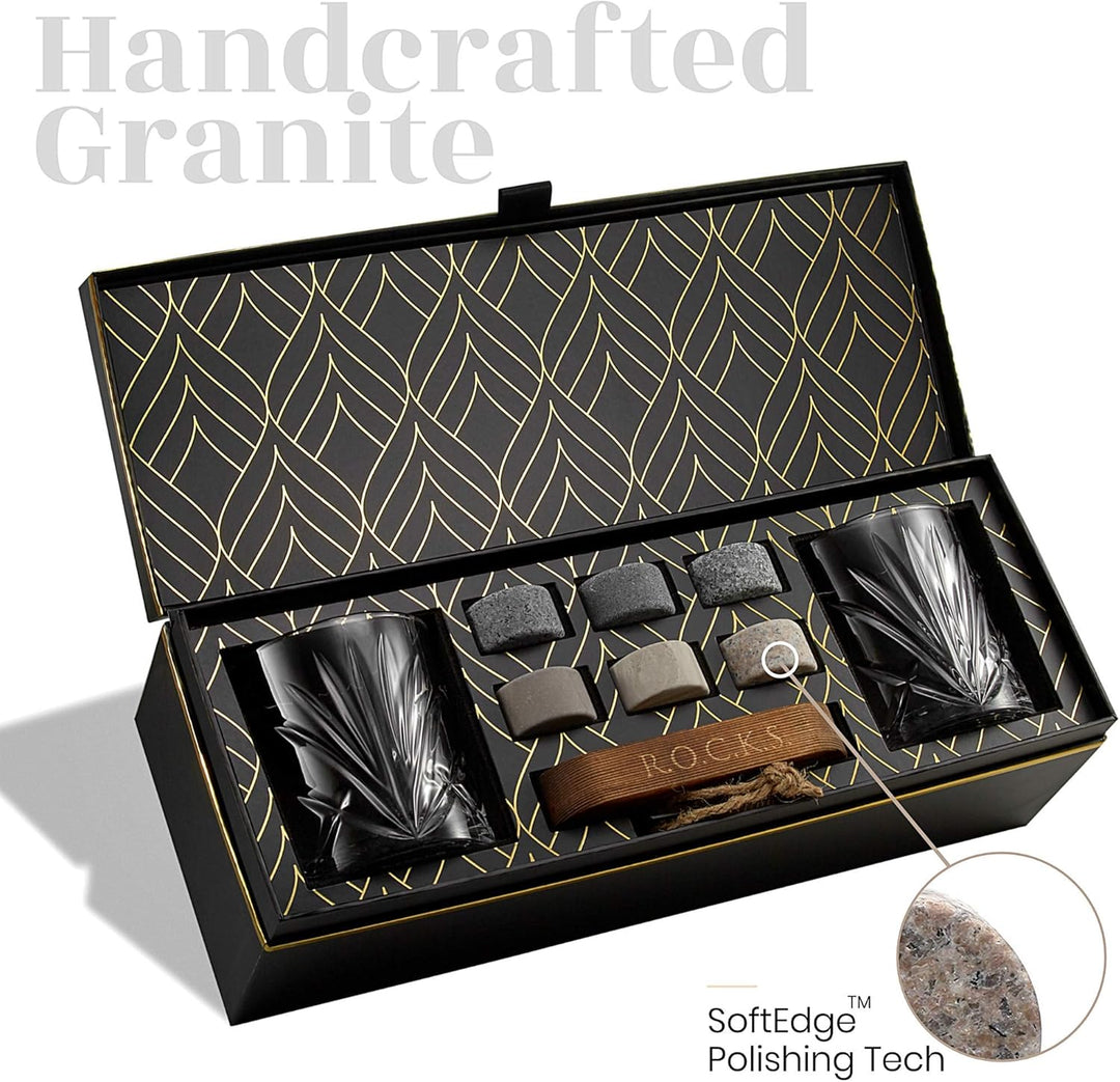 Whiskey Steine Set - 6 Handgefertigte Runde Granit Whisky Steine - 2 Whisky Gläser - Präsentations-