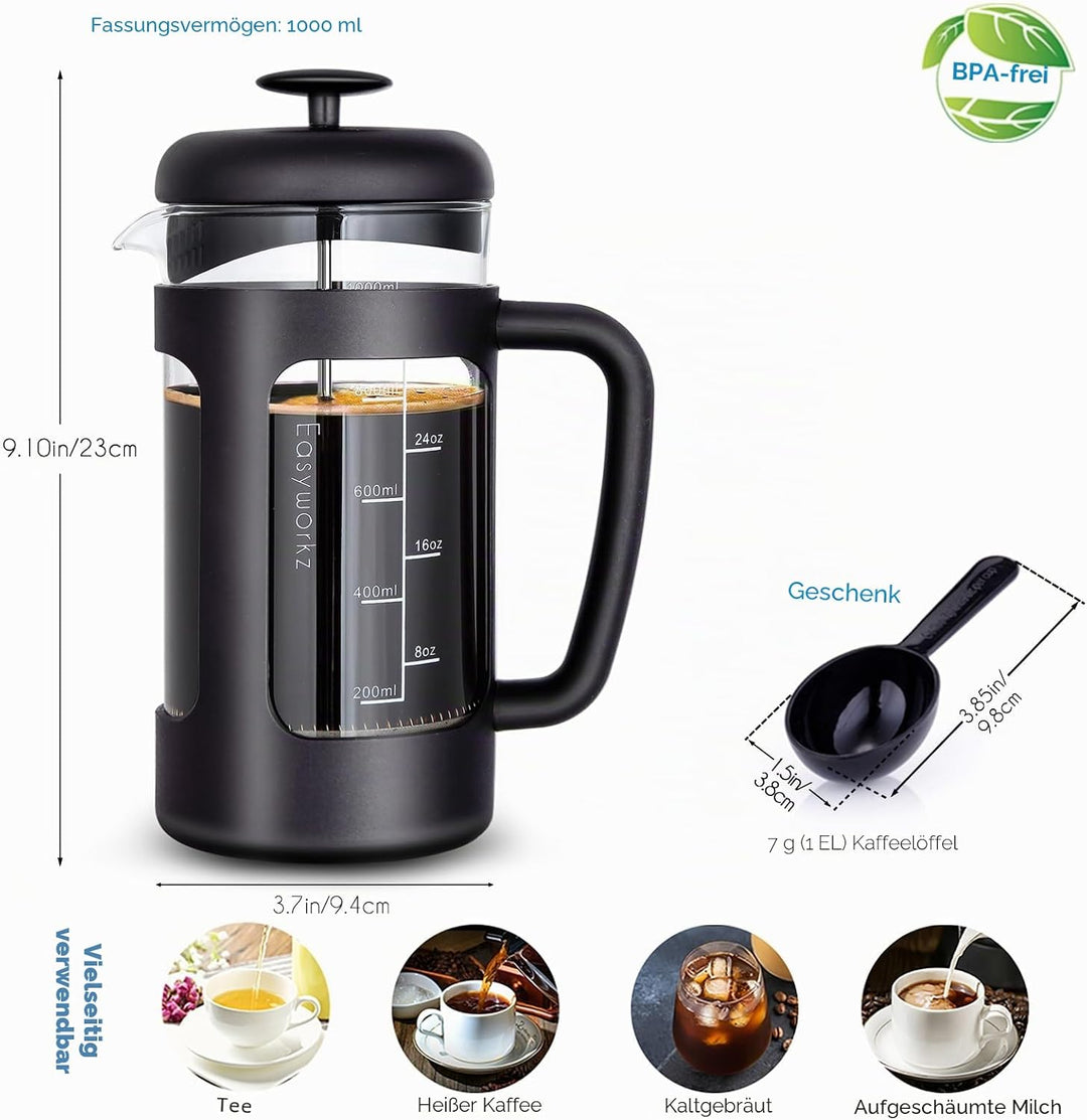 Easyworkz French Press 1000 ml Kaffeebereiter Kaffeepresse mit Borosilikatglas,rutschfester weicher