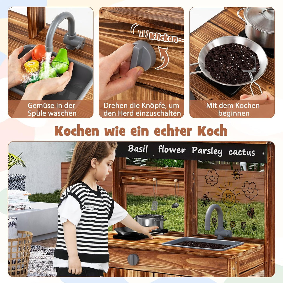 DREAMADE Matschküche Kinder Outdoor, Spielküche aus Tannenholz mit Waschbecken, Wasserhahn, 2 Herden