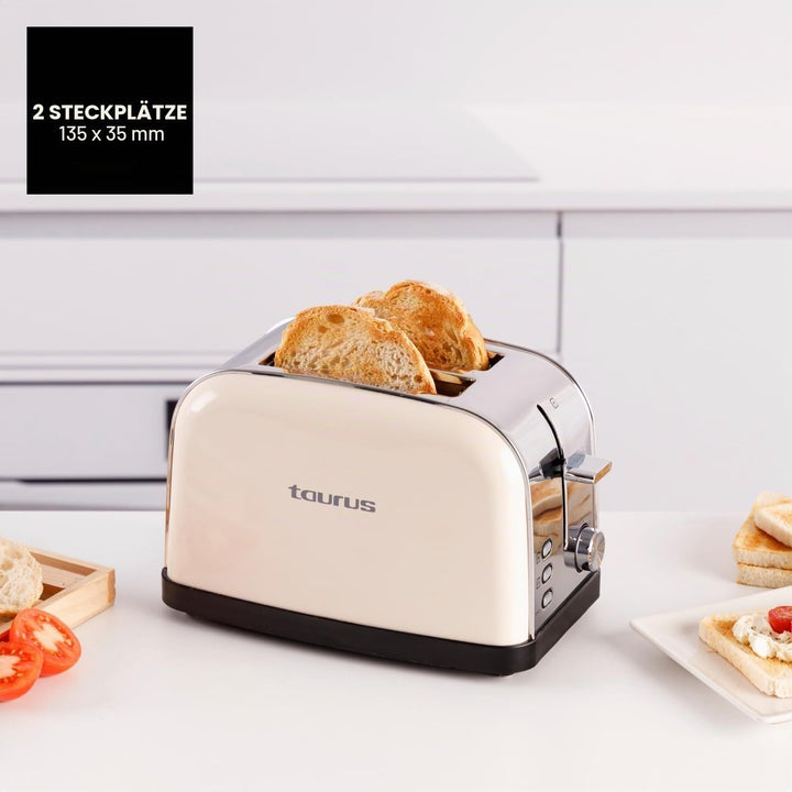 Taurus – Toaster Vintage II Cream 950W | 2 Schlitze 135x35mm | 7 Bräunungsstufen | 3 Funktionen | Ed